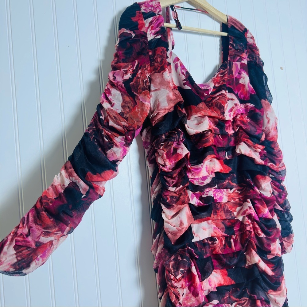 Ruched Floral Long-Sleeve Mini Dress in Pink and Black Cache XL - Picture 5 of 10